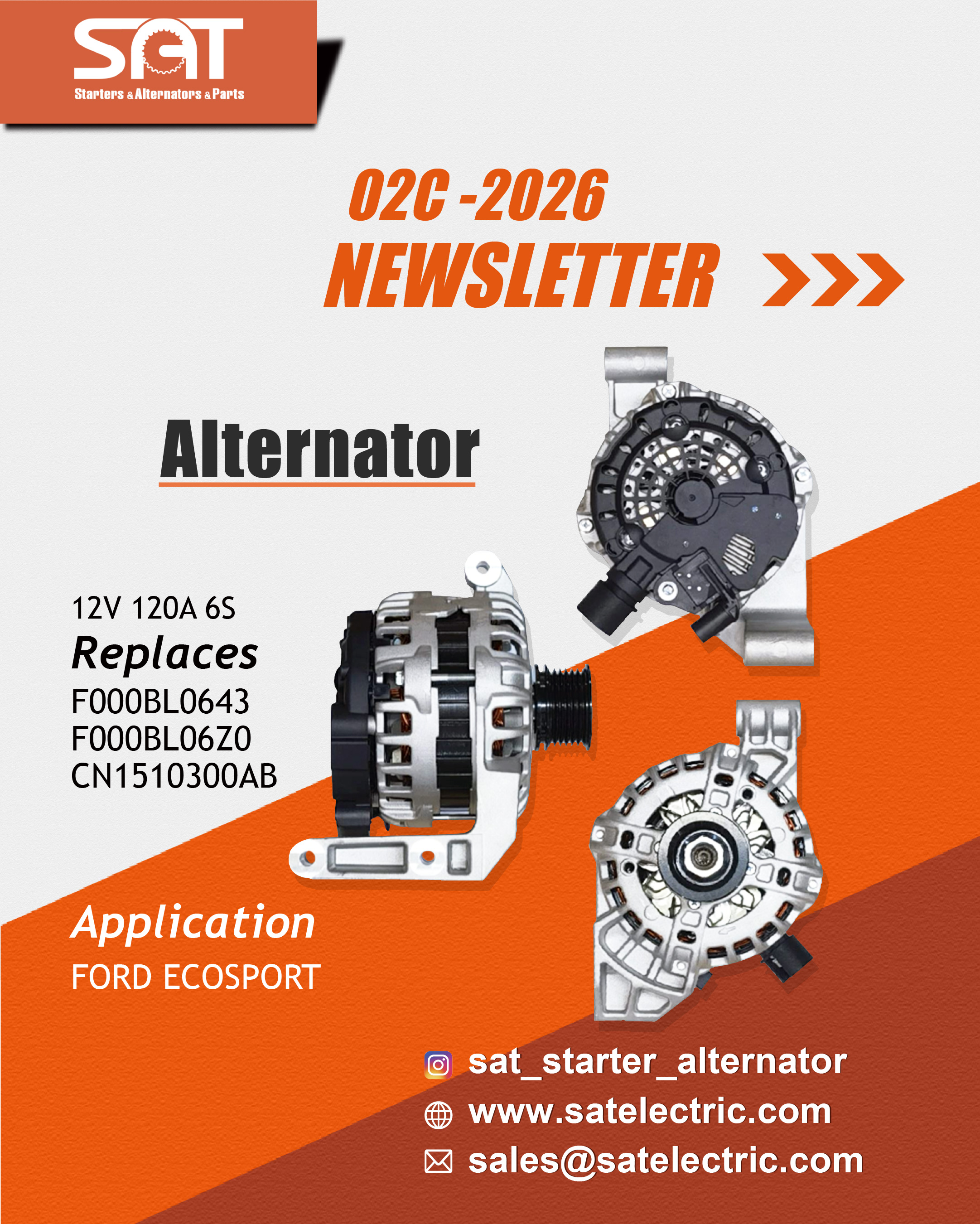 SAT application matching example: 12V 120A alternator for Ford EcoSport replacing three OE numbers