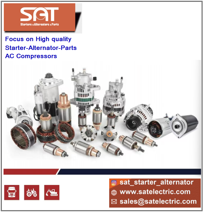 SAT INDUSTRIAL product family: starter motors, alternators, rotors, stators, solenoid switches, drive gears, armatures and AC compressors
